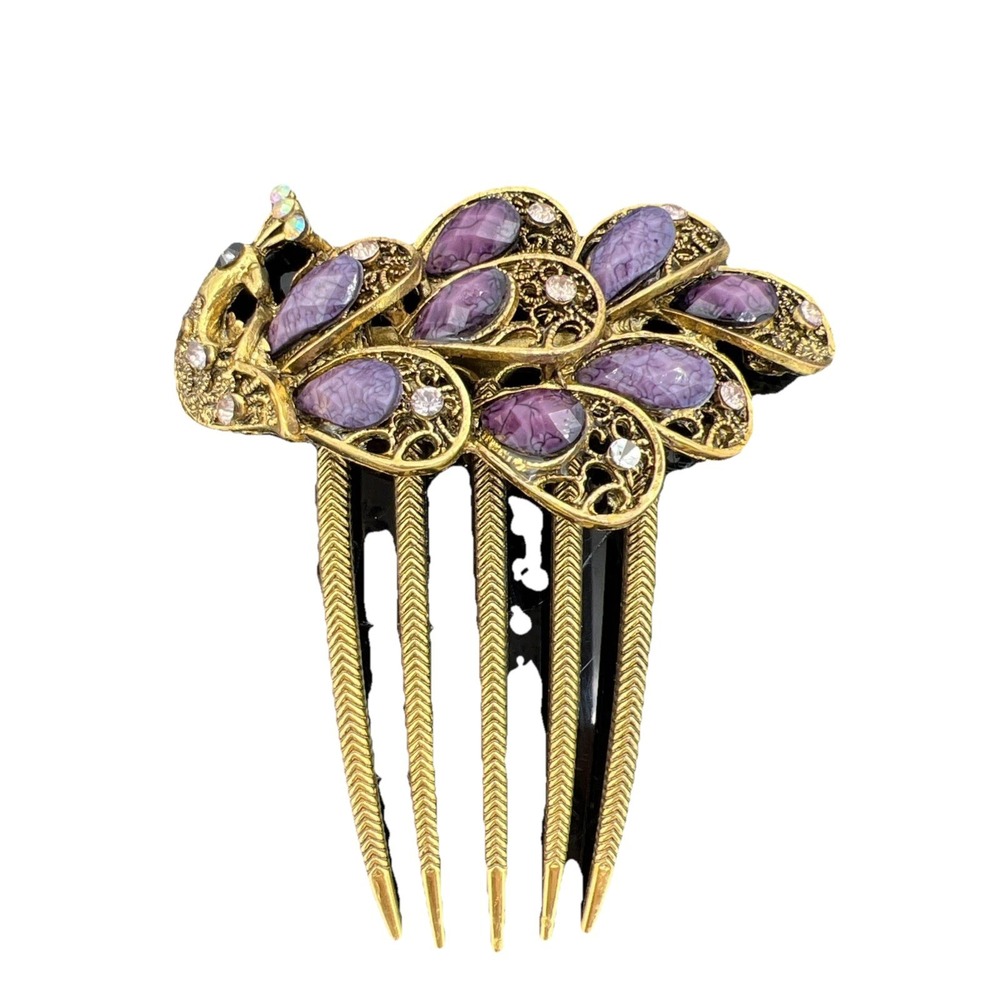 Peacock beads & Rhinestones‎ Hair Comb purple , black and AB gold tone